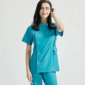 Women's Teal <b>Scrub</b> <b>Top</b> With Front Buttons And Pockets Hospital Uniform Woven Cotton Polyester Material - Product Image 1