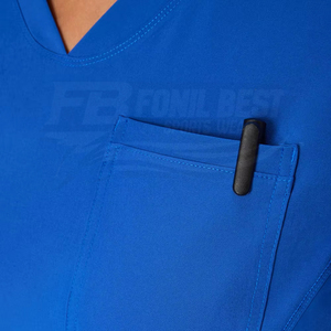 Blouses médicales pour femmes à manches courtes, bleues, col en V, avec poches, en polyester tissé, uniformes d'hôpital, service OEM - Product Image 3