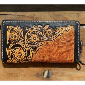 Portefeuille-bracelet pour femme en cuir véritable, style western floral, avec fermeture éclair, protection RFID, toutes saisons, ABC - Product Image 1