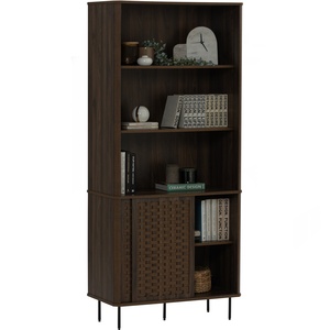 Contemporary Modern <b>Walnut</b> Large Bookcase in Rattan Design Display Cabinet with Metal Legs for Office and Living Room - Product Image 5