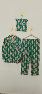 Premium Handcrafted Green Cotton Knitted Leopard Print Flock Printed Summer Night Suit Pajama Set Full Sleeve Shirt <b>Trouser</b> - Product Image 1
