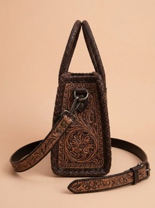 Brown Bohemian Floral Embossed Genuine Leather Two-Handle Waterproof Shoulder <b>Bag</b> Hand <b>Tool</b> <b>Tote</b> Purse Zipper Closure Portable - Product Image 2