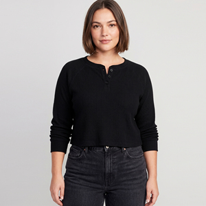 T-shirts Henley en Waffle pour Femmes, Manches Longues, Style Crop, Vêtements de Mode d'Extérieur - Product Image 1