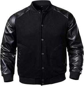 Blouson Bomber Homme Streetwear Noir en Similicuir avec Manches en Cuir PU, Style Universitaire Personnalisé, Coupe Slim, Veste Décontractée - Product Image 1