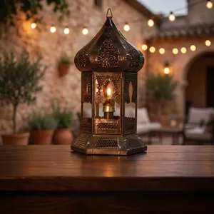 Hexagon <b>Brass</b> <b>Lantern</b> With Intricate Cutouts For Home Decoration Durable Indoor Light Fixture - Product Image 4