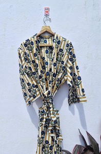 Peignoir Kimono en Coton à Motifs Floraux, Robe Rayée Jaune Légère, Robe de Chambre d'Été, Tenue de Détente Bohème pour Spa - Product Image 3