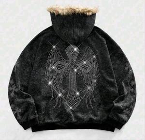 Ropa Urbana con Efecto Brillante, Personalizada, de Alta Calidad, con Estampado de Diamantes de Imitación, Estilo Desgastado por el Sol, Talla Grande - Product Image 1