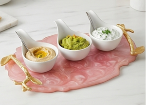 Elegante Bandeja de Servir de Resina Floral Rosa con Asas de Hoja de Oro, Pieza Decorativa para el Hogar, Restaurantes, Bodas y Eventos - Product Image 4