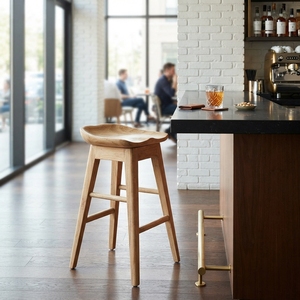Premium wooden bar chair minimalist solid teak wood high <b>stool</b> kitchen island tall <b>stool</b> saddle <b>seat</b> frame units space layout - Product Image 5