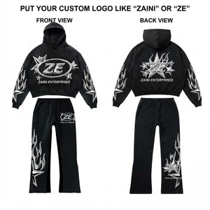 Conjunto Deportivo Premium para Hombre en Felpa de Algodón de 320 GSM, Color Negro, con Estampado Personalizado de Llamas, Sudadera con Capucha y Pantalones Anchos - Product Image 1