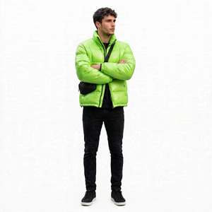 Men's Green Waterproof PU Fabric Puffer <b>Jacket</b> <b>Patch</b> Designs Stand Collar Zipper Closure Thick Warm Winter Casual Slim Fit - Product Image 5