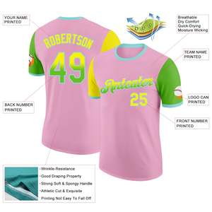 Maillot de baseball rose personnalisé avec accents verts et jaunes, nom et numéro de l'équipe sublimés, unisexe, adulte, manches courtes, col rond, polyester - Product Image 2