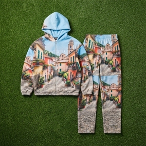 Conjunto de Chándal para Hombre con Sudadera con Cremallera y Estampado de Pueblo Azul, Pantalones de Pierna Ancha, Estilo Urbano Personalizado, Moda Casual a Juego - Product Image 6