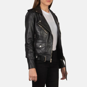 Chaqueta de cuero para mujer, estilo motero, con cinturón, cuello de solapa, cremallera asimétrica, color negro, corte ajustado, abrigo de moto, venta al por mayor OEM - Product Image 4