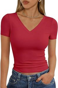 Camiseta casual de verano para mujer con cuello en V, 100% algodón, cuello redondo, manga corta, tejido liso. - Product Image 4