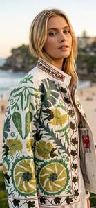 Elegant Vintage Floral Embroidered Mandarin Collar <b>Velvet</b> <b>Jackets</b> <b>Women</b> Spring 100% Cotton Woven Full Sleeve Regular Finished - Product Image 3