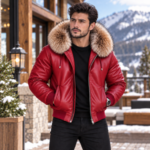 <b>Men's</b> Genuine Leather Hooded Bomber Jacket Fox Fur Trim <b>Summer</b> Breathable Plaid Pattern Motorcycle Fashion <b>Coat</b> Giacca Uomo - Product Image 3