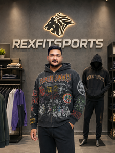 Sudadera con Capucha REXFIT SPORTS 2026 para Hombre, Negra, Vintage, con Gráficos, Cierre Completo, Personalizada, Estilo Urbano, de Forro Polar, para Uso Casual - Product Image 1