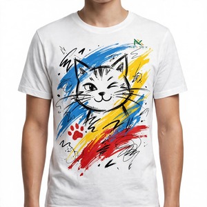 เสื้อยืดผ้าฝ้ายสีขาวสำหรับผู้ชาย ลายกราฟฟิตี้หน้าแมวขยิบตา ตลกๆ พิมพ์ลายเส้นสีสันสดใส แขนสั้น สวมใส่สบายๆ สำหรับฤดูร้อน - Product Image 1
