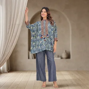 Women <b>Blue</b> Paisley Printed <b>Tunic</b> Two Piece Set Loose Fit Three Quarter Sleeve Ethnic Boho Casual Wide Leg Pants Outfit - Product Image 1