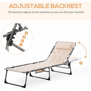 5-Position Adjustable Backrest Outdoor Folding Chaise Lounge <b>Chair</b> with Pillow Pocket <b>Padded</b> Reclining Patio Sun Lounger - Product Image 4