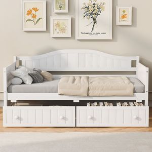 Divano Letto Matrimoniale in Legno con 2 Cassetti, Senza Necessità di Rete a Doghe, Divano Letto Imbottito per Camera da Letto e Soggiorno, Bianco (Vecchio SKU WF192860AAK) - Product Image 1