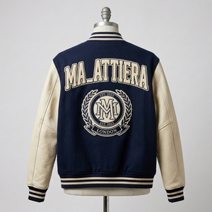 <b>Men</b> Navy Blue Letterman Jacket Wool Body <b>Leather</b> Sleeves Embroidered <b>Bomber</b> Jacket Custom OEM ODM Wholesale - Product Image 2