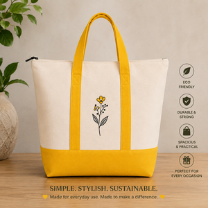 AMANI Two Tone Canvas <b>Medium</b> Tote Bag Zipper Shoulder <b>Handbag</b> Embroidered Flower Shopper for Beach Travel Gift - Product Image 5