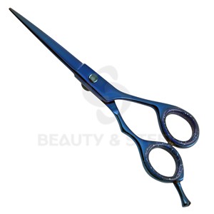 Professional Deep Blue Hair Cutting <b>Shears</b> with Floral Patterned Blade and Jeweled Pivot for Precision Styling - Product Image 6