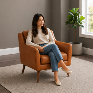 Sillón de Cuero Moderno de Mediados de Siglo, Patas de Madera Maciza, Silla para Sala de Estar, Mueble de Descanso Cómodo, Sillón de Cuero - Product Image 3