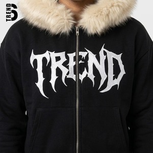 Sudadera con capucha negra personalizada para hombre, de tejido grueso, con cremallera, capucha de piel sintética, estampado gráfico gótico, estilo streetwear Y2K, corte holgado, de forro polar. - Product Image 3