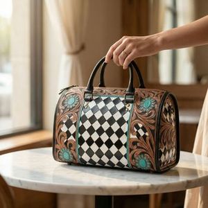 Checkerboard Pattern Tooling Carved 100% Genuine <b>Leather</b> Waterproof Eco-Friendly Sport Lightweight Portable Weekender Speedy <b>Bag</b> - Product Image 2