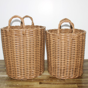 Set of 2 Plastic Natural Rattan Dustproof <b>Stackable</b> Round Woven Handmade Storage <b>Baskets</b> Kitchen Home Organizer - Product Image 3