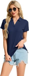 <b>Women's</b> Navy Blue Short Sleeve Polo Shirt Solid Color Breathable Knitted Casual <b>Top</b> - Product Image 2