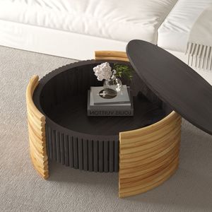 Tavolino da Caffè Moderno 80 cm con Finitura in Legno Naturale, Design a Strisce Colorate e Piano Ribaltabile con Vano Portaoggetti per Soggiorno e Appartamento - Product Image 2