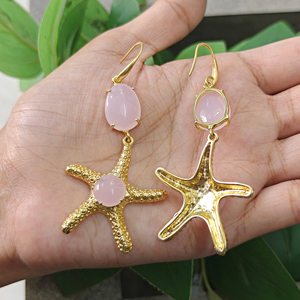 ต่างหูรูปปลาดาวประดับพลอยแคลเซโดนีสีชมพู ดีไซน์เก๋ไก๋ทันสมัย เหมาะสำหรับงานหมั้น วัสดุทองเหลืองชุบทอง 18k - Product Image 6
