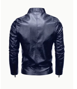 Men's Blue Cow Skin <b>Leather</b> Bomber <b>Jacket</b> Stand Collar Zipper Closure Slim Fit Regular Sleeve Solid Color <b>Winter</b> Wear Breathable - Product Image 2