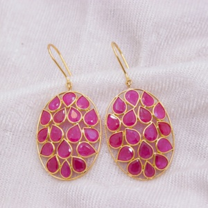 Pendientes Colgantes de Oro Amarillo Sólido de 18K con Rubí Natural en Forma de Pera y Racimo Ovalado para Mujer, Joyería Fina, Memoria Jewels - Product Image 1