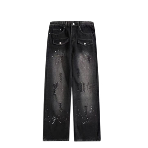 En gros, Pantalon Jean Baggy de Créateur pour Homme en Denim, à Strass, Délavé Clair, Coupe Large, Effet Usé et Délavé à l'Acide - Product Image 1