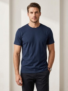 T-shirt vierge personnalisé haut de gamme pour homme, col rond, manches courtes, bleu marine uni, en polyester/coton, écologique et respirant - Product Image 6