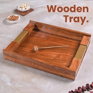 Plateau de service en bois massif avec poignées en métal |   Plateau décoratif en bois d'acacia de qualité supérieure pour la cuisine et la table basse - Product Image 3