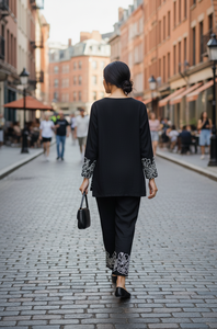 Conjunto de dos piezas para mujer, negro, con bordado de cadena y pantalón con cintura elástica - Product Image 3