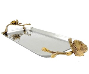 Modern Stainless Steel Decorative Serving Tray With Unique Gold Orchid Floral Handles Rectangular Hammered Metal <b>Coffee</b> <b>Table</b> - Product Image 1