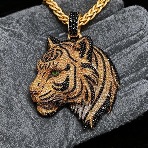Tiger Head Face in 925 Silver with Yellow Plated Multi Colored Moissanite Hip Hop Pendant Fine Jewelry Pendants & Charms - Product Image 3