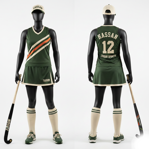 Uniforme de hockey sobre césped para mujer, tela de poliéster de secado rápido Elite 165 GSM, panel verde y amarillo, bordado personalizado. - Product Image 3