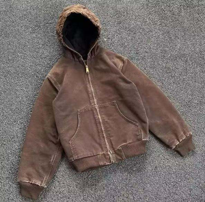 Vintage <b>Washed</b> Brown Hooded Canvas Work Jacket Full Zip Distressed Duck Coat <b>Lined</b> Utility Streetwear <b>Outdoor</b> Shell - Product Image 5