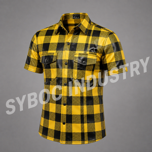 เสื้อเชิ้ตหนังแกะลายตารางสีเหลืองดำสำหรับผู้ชาย แขนสั้น ลายสก็อต ติดกระดุมแบบสแนป ลายตารางแบบคนตัดไม้ - Product Image 3