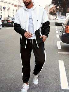 Ensemble survêtement 2 pièces pour homme, veste à capuche zippée et pantalon coupe-vent, motif chevron color block blanc et noir - Product Image 6