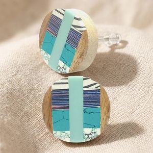 Beads Art Modern Round Wood Resin Cabinet Knobs with Turquoise Stripe Design <b>for</b> Cabinets Drawers Doors - Product Image 1