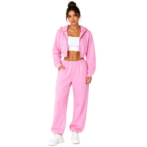 Conjunto de Sudadera Corta con Capucha y Pantalones Jogger de Forro Polar Rosa Personalizado de Lujo para Mujer, Chándal de 2 Piezas de Forro Polar Grueso Liso - Product Image 1